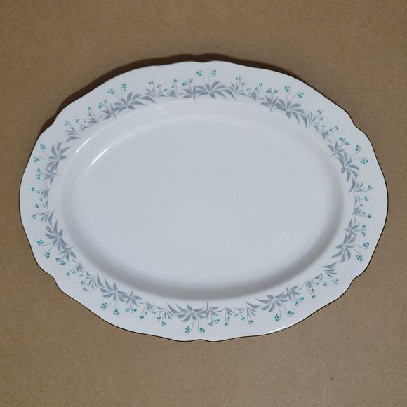 Spode Loralie Oval Serving Platter Scalloped White Grey Teal Floral 12.75"x9.75" - Picture 1 of 4